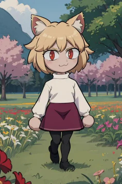 a cartoon girl in a dress standing in a field of flowers