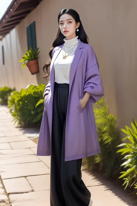 a woman wearing a purple coat and black pants standing on a sidewalk