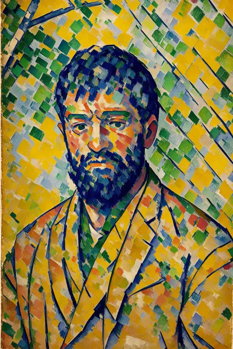 a painting of a man with a beard and a yellow jacket