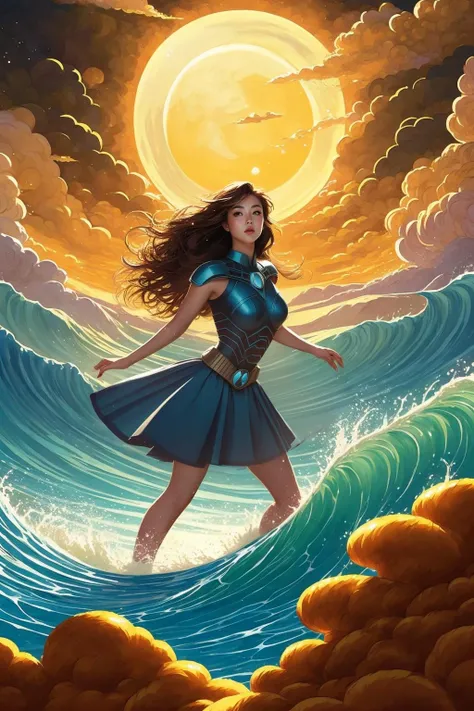 a woman in a blue dress is standing on a wave