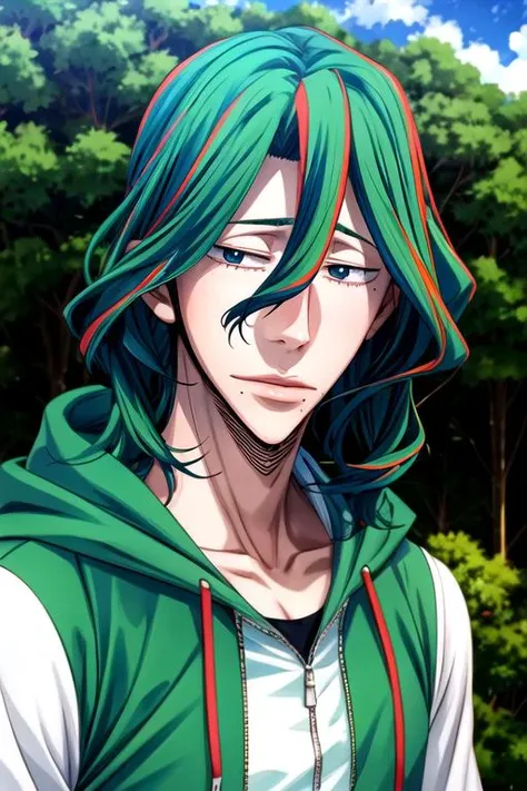 (best quality:1.1), (masterpiece:1.4), game cg, , upper body, depth of field, anime coloring, (realistic:1.4), 1boy, solo, male focus, <lora:yuusuke_makishima:0.94>, yuusuke_makishima, green hair, blue eyes, , , , red hair, hair between eyes, zip-up hoodie...