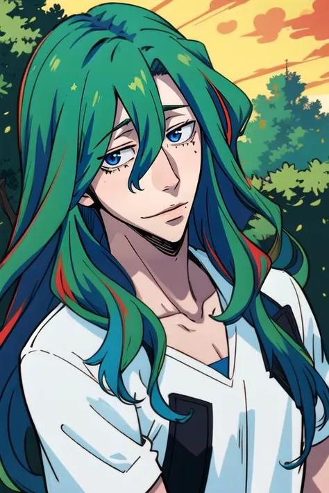 (best quality:1.1), (masterpiece:1.4), photorealistic, looking at viewer, , depth of field, anime coloring, , 1boy, solo, male focus, <lora:yuusuke_makishima:0.78>, yuusuke_makishima, green hair, blue eyes, long hair, multicolored hair, , , hair between ey...