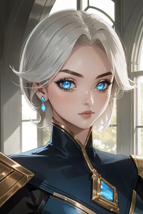 a woman with blue eyes and a white hair wearing a blue outfit