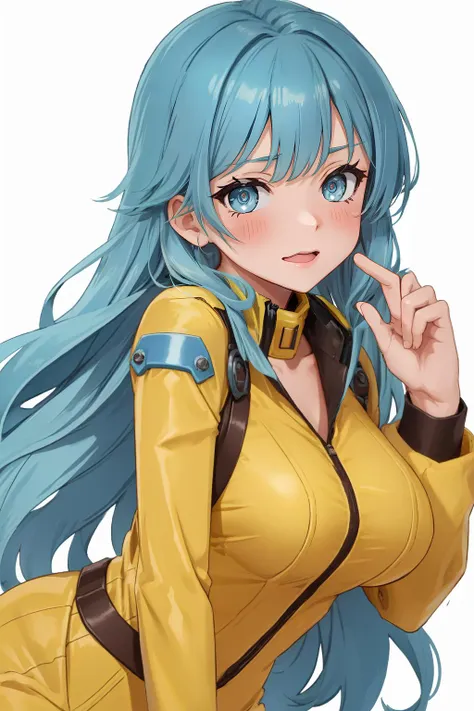 a close up of a person with blue hair and a yellow jacket