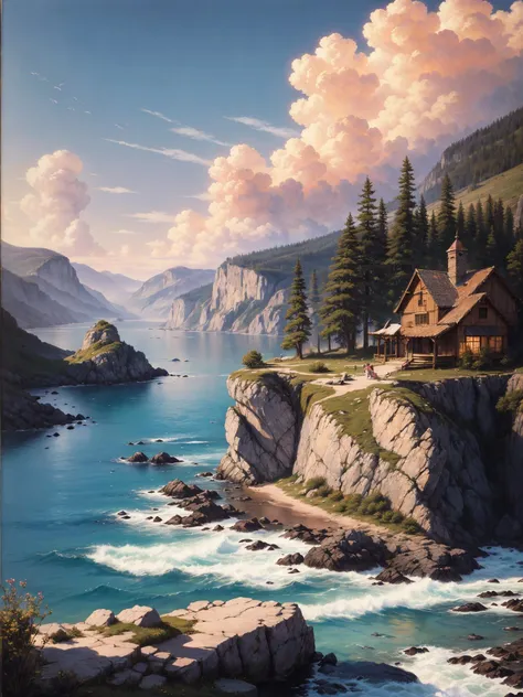 painting of a house on a cliff overlooking a body of water