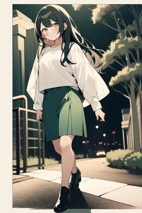 1girl,night, black hair, looking at viewer, masterpiece,delica face,standing,white shirt,full body,Walking posture,Green skirt,brown eyes,long hair, Shoes,white background, <lora:neg4all_bdsqlsz:1>