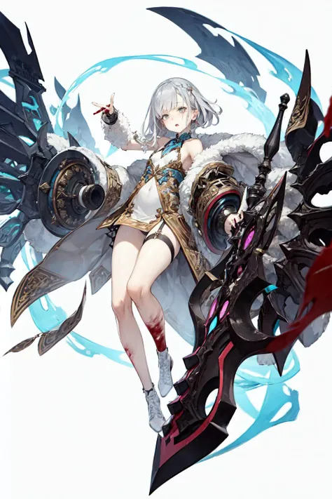 master, chief , best quality, high quality, highres, high detail, rich details, 
(white background), simple background,
1girl, snow white,
grey eyes, white hair, blood on clothes, white clothes, 
full body, sexy, active pose, random pose,  <lora:SINoALICE ...