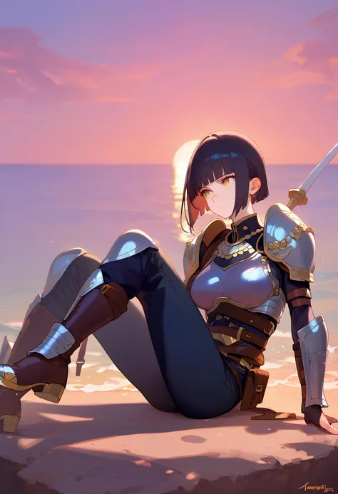 1girl, source_anime, a beautiful and stoic female warrior, black Blunt Cut hairstyle, gold eyes, serious expression, toned body, large breasts, wearing hauberk armor, faded leather pants, ornate etchings, (sunset:1.3), black and etched copper aesthetic, on...