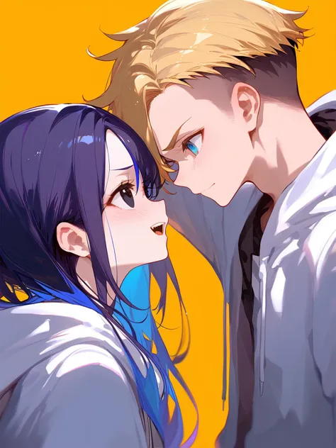 anime couple kissing in front of a yellow background