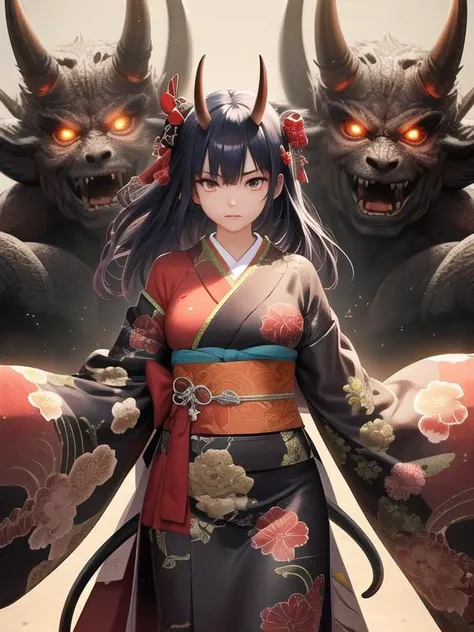 a girl with katana, oni horns, kimono, hyper detailed intricate, epic, aura battle, monster oni, sparkle background,