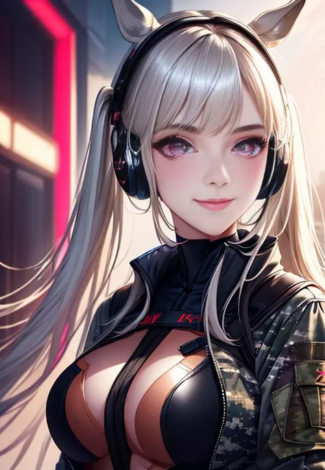 nova<lora:Nova-000003:0.6>,1girl, falling, animal ears, bangs, blush, camouflage armor, closed mouth, fake animal ears, gloves, headphones, headset, horse ears, impossible clothes, jacket, large breasts, long hair, long sleeves, looking at viewer, camoufla...
