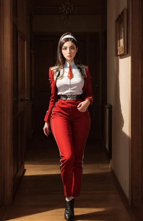 a woman in red pants and a white shirt is walking down a hallway