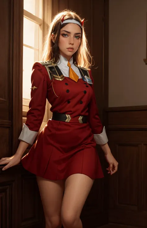 a close up of a woman in a red uniform posing for a picture