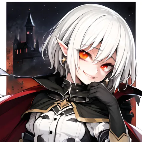 gesugao, gesugao facial expression, sadistic smile,
aged down, white hair, short hair, messy hair, earrings, red eyes, head tilt, pointy ears, black gloves, cape,
castle background, dark sky, star (sky),