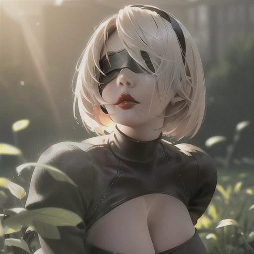 NSFW, (yorha no. 2 type b), (realistic:1.5),photorealistic,(skindentation:1.3),(photorealistic face:1.2), (1girl), absurdres, (nature breast), (soft lighting, up lighting), <lora:2bNierAutomataLora_v2b:1>, (black blindfold covered eyes, black hairband, hai...