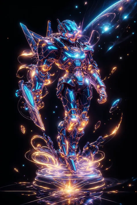 (Masterpiece), highest quality, extremely detailed, professional image of a hologram mecha in a dynamic pose, planetary destruction, glaxies, milky way, shooting stars, floating metal pieces, glowing hair,glowing eyes, (super nova),Fire, <lora:HologramMech...