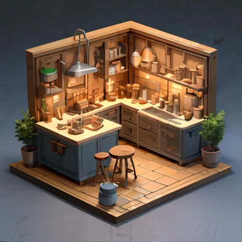 a close up of a miniature kitchen with a stool and a table