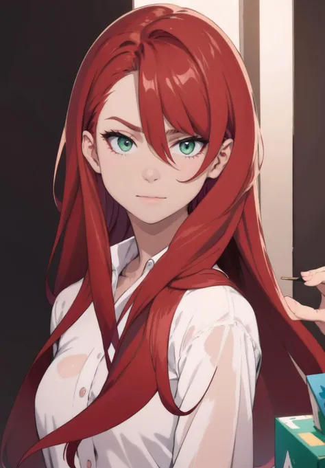 1girl, red hair, long hair, messy hair, green eyes, looking at viewer, detailed eyes, upper body, high details, masterpiece, best quality,