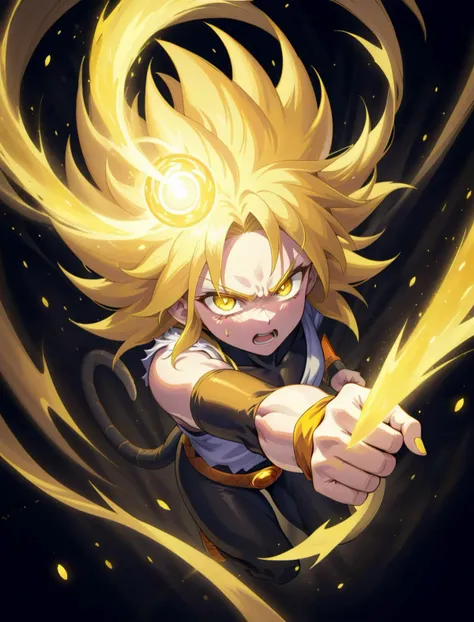 1girl, dragon ball, super saiyan, golden hair, fists, from above, monkey tail, brown tail, light particles, spiked hair, yellow aura