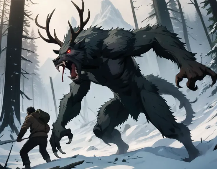 (Anime sharp lines, crisp lineart), Horror masterpiece, best quality, (action shot, movement blur), combat, (focus on terrifying large wendigo roaring, sharp bladed like claws, large size difference), fantasy, people fighting it, dark winter night, forest ...