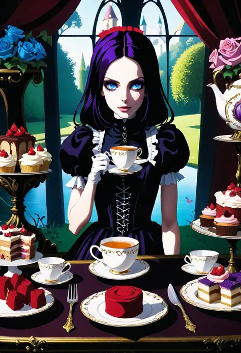 Stunningly-Beautiful-Gothic-Alice,Tea-Party.
Location: Wonderland, A Dream World.

Detailed-Face, Moneyshot, Detailed-Body, Gothic-Dreamlike-Fantasy, Realistic-Shadows, Perfect-Quality, Photorealistic, Most-Beautiful