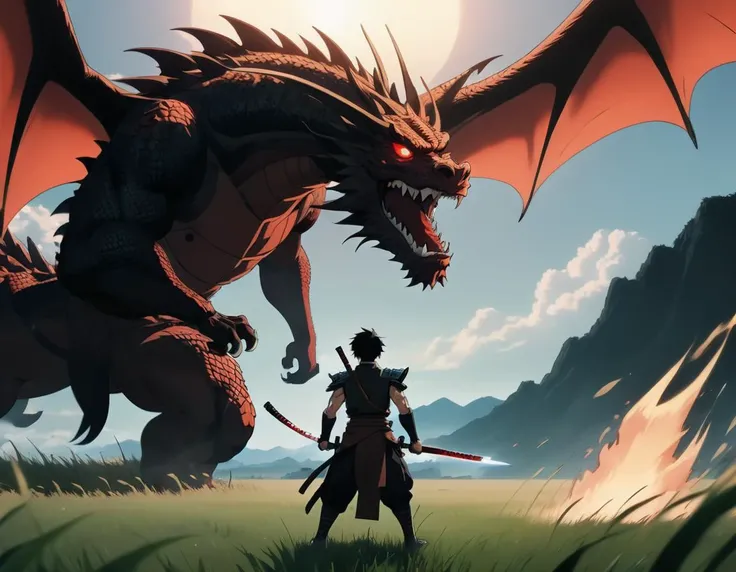 (Anime sharp lines, crisp lineart),, Climactic scene, a samurai with his katana standing in a field facing a distant giant dragon creature with a demonic face, glowing eyes, two outstretched wings, scaled muscular arms sharp claws, ready to start fight, in...