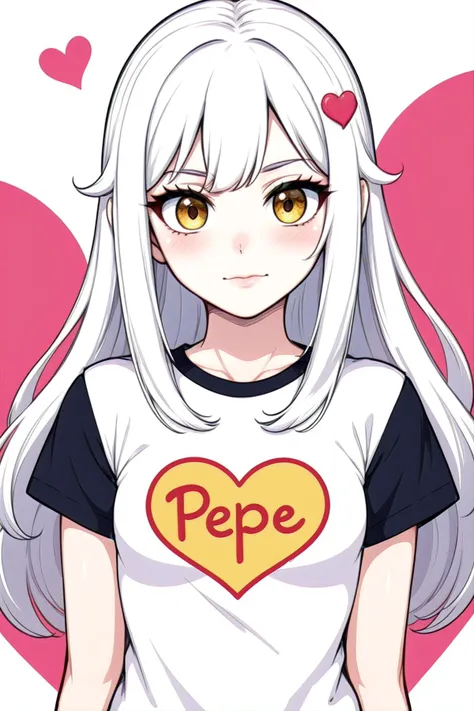 1girl, hazel yellow eyes, white hair, long hair, hime cut, blunt bangs, flat chest, t-shirt with print saying "pepe" in heart