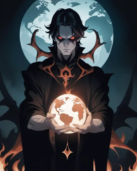 an evil demon man holding the world in the palm of his hands, grim, dark, flame lighting, (style of becky cloonan)