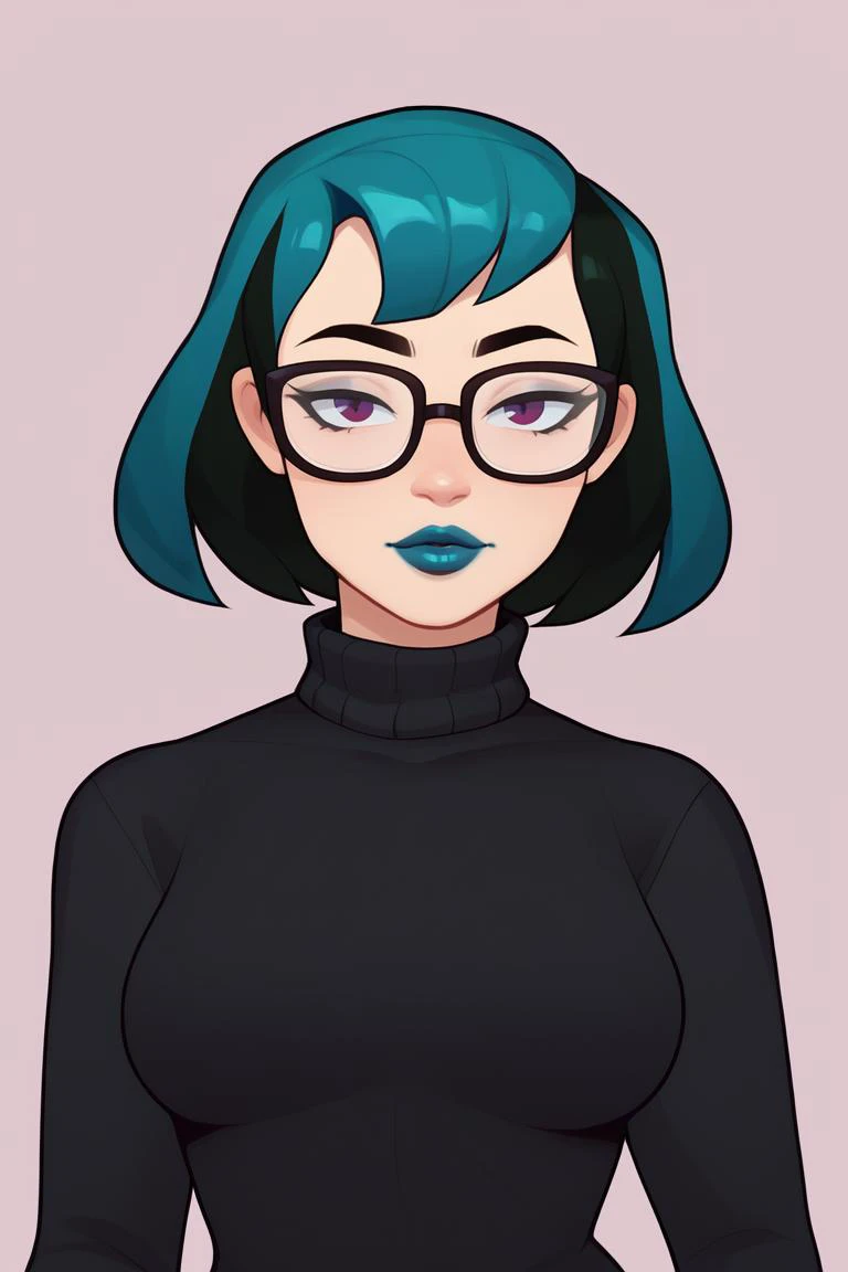 a drawing of a woman with blue hair and glasses