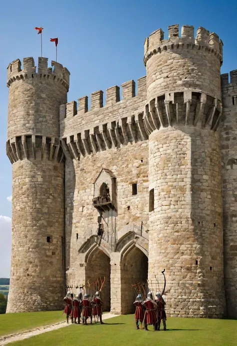 Medieval Castle archers with bows on towers and wall