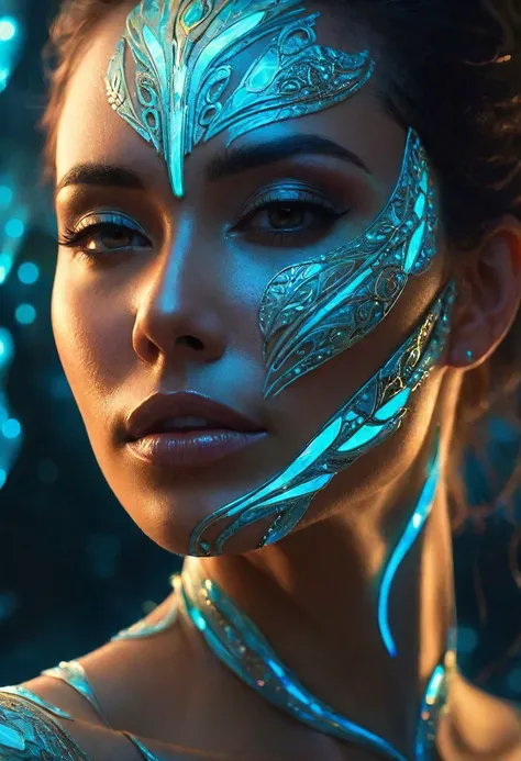 Close on neck and face:1.5latina, lights, bioluminescence, fantasy art, art by greg rutkowski and artgerm, soft cinematic light, adobe lightroom, photolab, hdr, intricate, highly detailed, (depth of field:1.4)