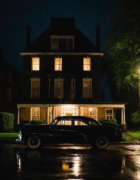 a 50s car is parking in front of an old house, at night, rain, barely lit, 8k uhd,dslr,high quality,film grain,uhd,dslr,best quality,professional photography,cinema,ultra realistic,outdoor,film camera,dslr,lens flare,super-resolution,(16k),uhd,realistic,ul...