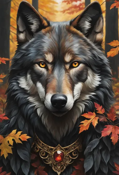 (close-up front view:1.8), dark gold theme, psychedelic, dark noir style, <lora:AshleyWoodArtAILccp:1> AshleyWoodArtAI <lora:greg_rutkowski_xl_v1:1> Greg Rutkowski, (((detailed portraite of a wolf+autumn forest))), red hair, symmetry eyes and iris, long bl...