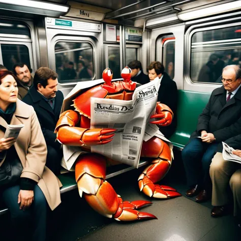 A human-sized crab is wearing a tenchcoat and reading the newspaper, riding in a subway car, crowded subway