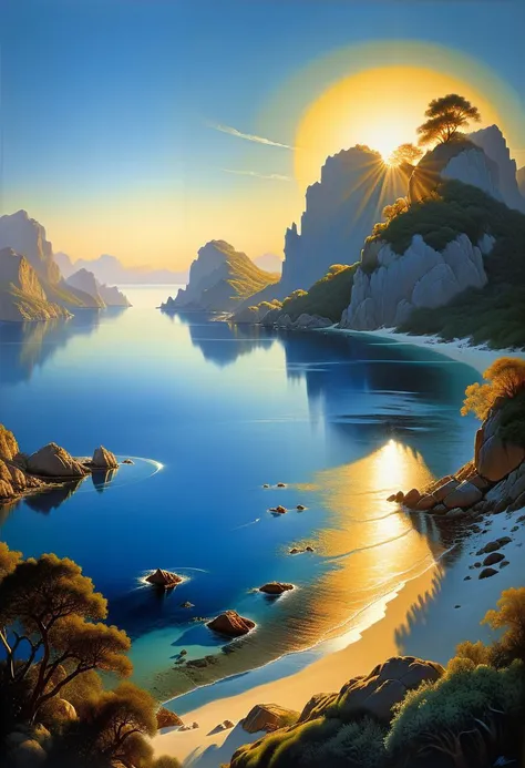 painting of a beautiful sunset over a lake with rocks and trees