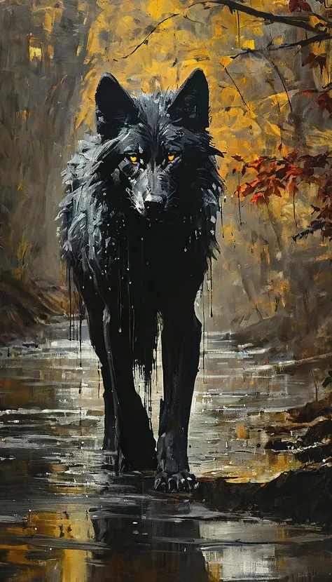 (close-up front view:1.8), dark gold theme, psychedelic, dark noir style, <lora:AshleyWoodArtAILccp:1> AshleyWoodArtAI <lora:greg_rutkowski_xl_v1:1> Greg Rutkowski, (((detailed portraite of a wolf+autumn forest))), red hair, symmetry eyes and iris, long bl...