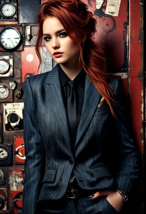 arafed woman in a suit and tie standing in front of a wall with clocks