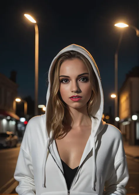 a woman in a white hoodie standing on a street at night with a street light in the background,realistic skin details,realistic hair details,eyeliner,(freckles:0.3),(red lips:0.9),(eyeliner:0.8),Raw photo,8k,realistic skin details,realistic hair details,8k ...