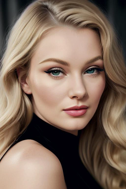 (portrait), (verolake:1.05), light eyes, long blonde hair, smile, (face focus:1.2), black dress,, masterpiece, highest quality, photoreal, realistic, photograph