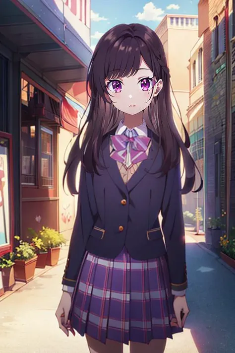 (best quality:1.1), (masterpiece:1.4), movie still, 1girl, solo, looking at viewer, , , anime coloring, , <lora:maria_kurose:0.9>, maria_kurose, brown hair, purple eyes, long hair, , , , school uniform, , , , colosseum, Blu-ray