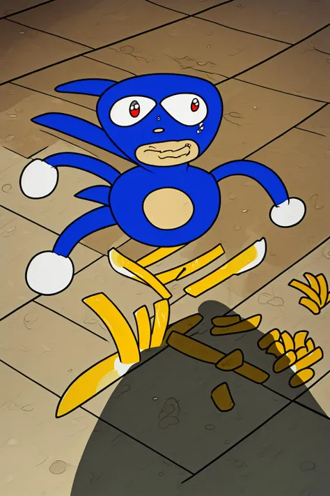 (masterpiece, best quality:1.2), <lora:Sonic:0.9>, <lora:ApuSpillsHisTendiesMeme:1>, ApuMeme, sanic, lying, tears, on stomach, food, spill, crying, shadow, tearing up, on floor, cup, french fries