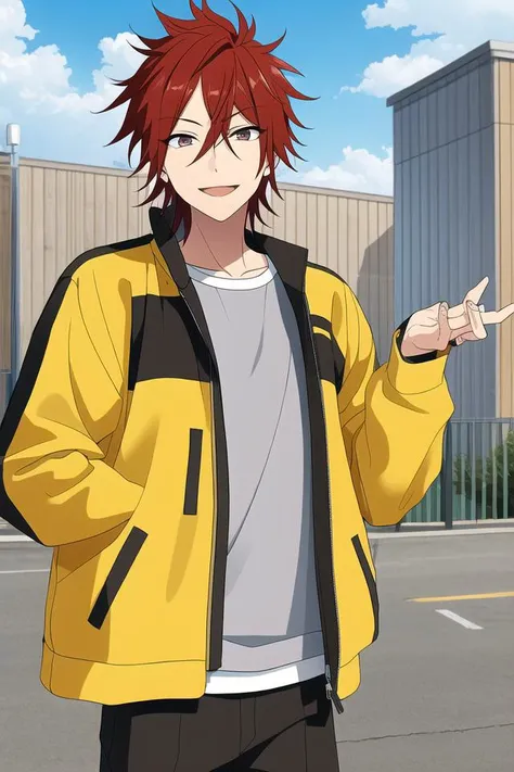 masterpiece, best quality, absurdres, cute, ultra-detailed, perfect anatomy, <lora:ensemble stars-000050:0.6>, outdoors, amagi rinne, ensemble stars, solo, smile, 1boy, jacket, male focus, red hair