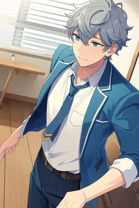 masterpiece, best quality, absurdres, cute, ultra-detailed, perfect anatomy, <lora:ensemble stars-000050:0.6>, indoors, sena izumi, ensemble stars, solo, blue eyes, 1boy, male focus, necktie