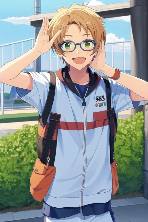 masterpiece, best quality, absurdres, cute, ultra-detailed, perfect anatomy, outdoors, <lora:ensemble stars-000050:0.6>, yuuki makoto, ensemble stars, solo, smile, 1boy, green eyes, male focus, glasses, salute