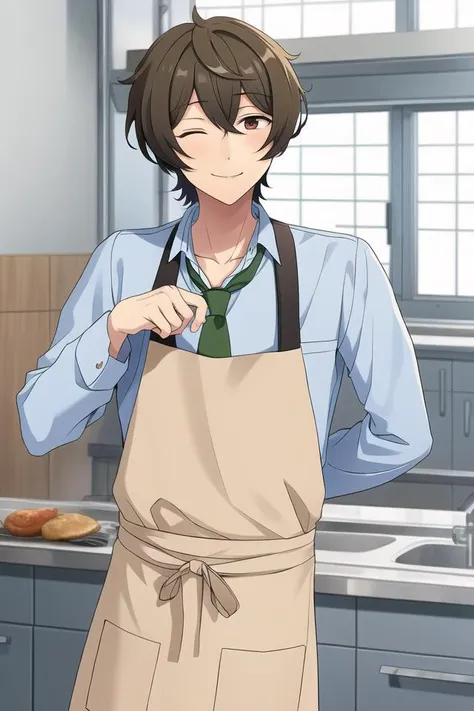 masterpiece, best quality, absurdres, cute, ultra-detailed, perfect anatomy, <lora:ensemble stars-000050:0.6>, indoors, takamine midori, ensemble stars, solo, blue eyes, brown hair, 1boy, male focus, necktie, apron, sakuma ritsu, ensemble stars, solo, smil...