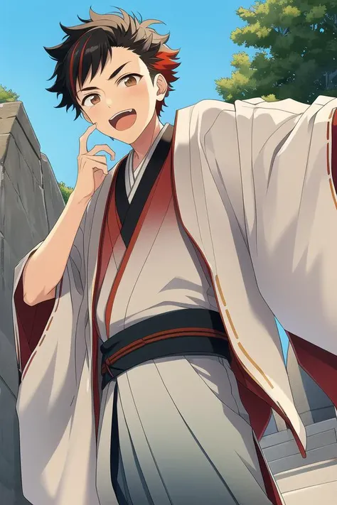 masterpiece, best quality, absurdres, cute, ultra-detailed, perfect anatomy, outdoors, <lora:ensemble stars-000050:0.6>, nagumo tetora, ensemble stars, solo, open mouth, black hair, 1boy, brown eyes, male focus, red hair, multicolored hair, japanese clothe...