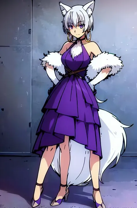 a woman in a purple dress with white furs and a cat tail