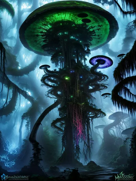 a painting of a giant mushroom in a forest with trees