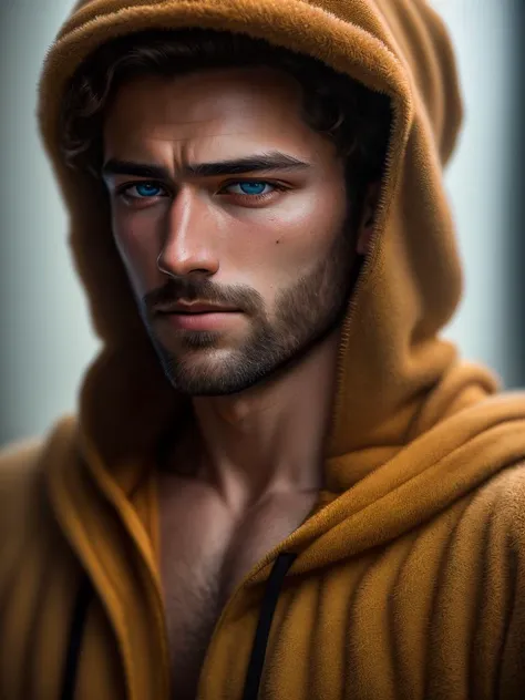 a close up of a man in a hoodedie with blue eyes