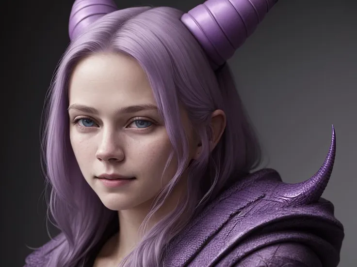 a close up of a woman with purple hair wearing a horned hat